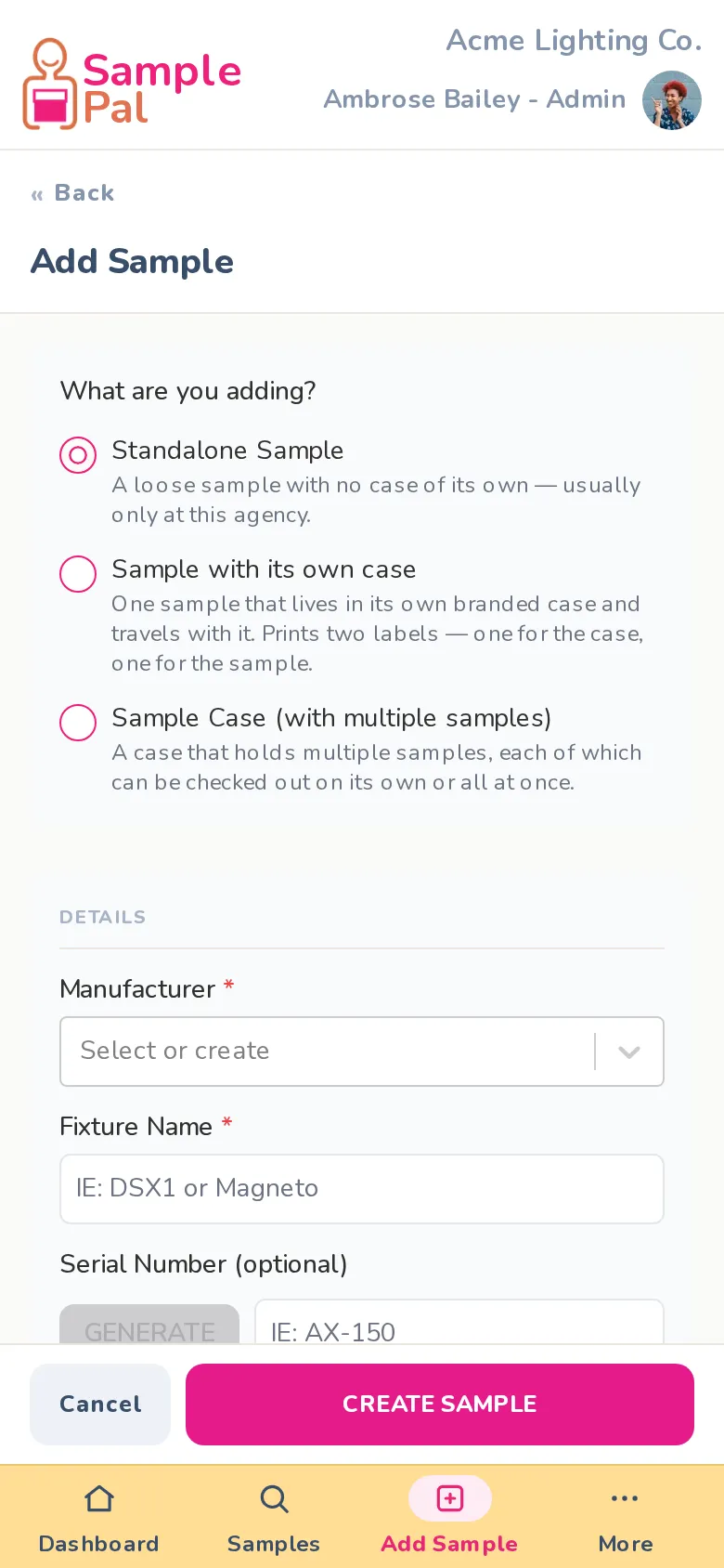 The add-sample form on a phone